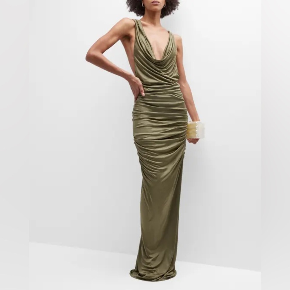 Gauge 81 NWT Green Draped Neck Criss Cross Open Back Maxi Dress Size 40 Large